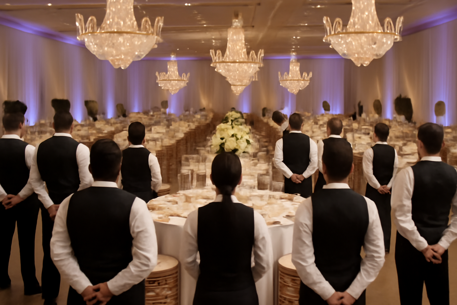 Brigade de serveurs FK en formation dans une salle de réception